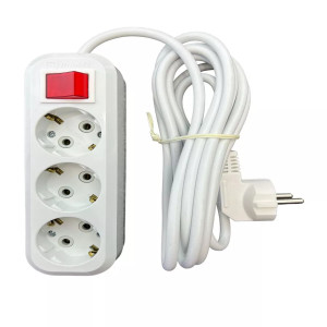 DL-8027 Удлинитель бытовой с тремя разъемами и с кнопкой, с/з, 16А / makel 2200Вт, ПВС 3х1, белый, 1,5 метра